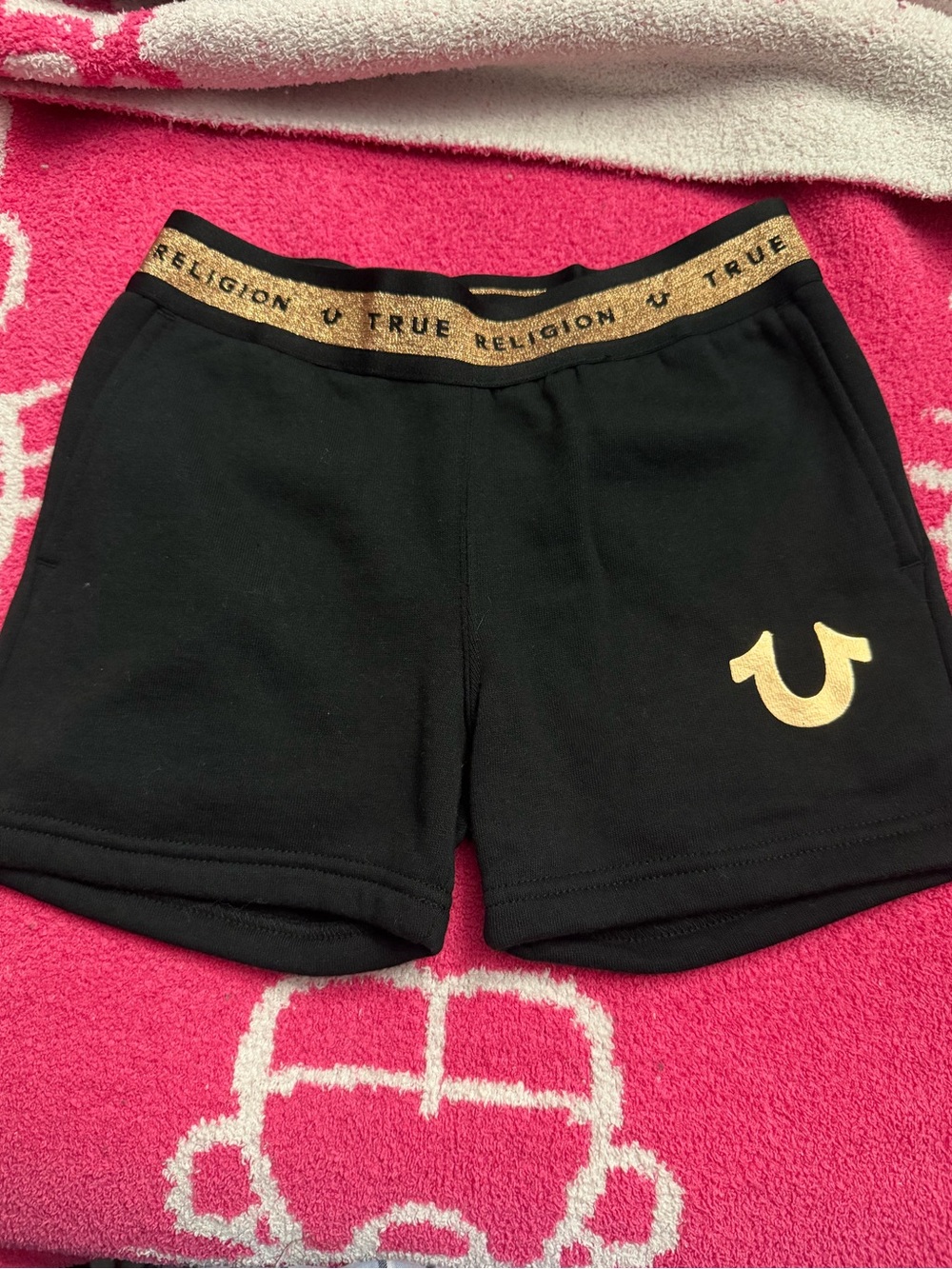 True Religion Black Shorts with Gold Logo Waistband